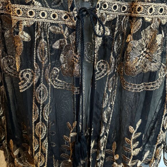 Haute Monde Cinched Waist Kimono Topper Medium Blk Copper Embroidered Whimsigoth - Picture 4 of 11